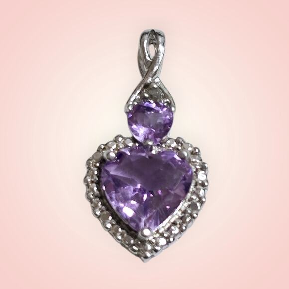 NWOT Sterling Silver 925 Amethyst Heart Pendant With Diamond Accent - Picture 1 of 4